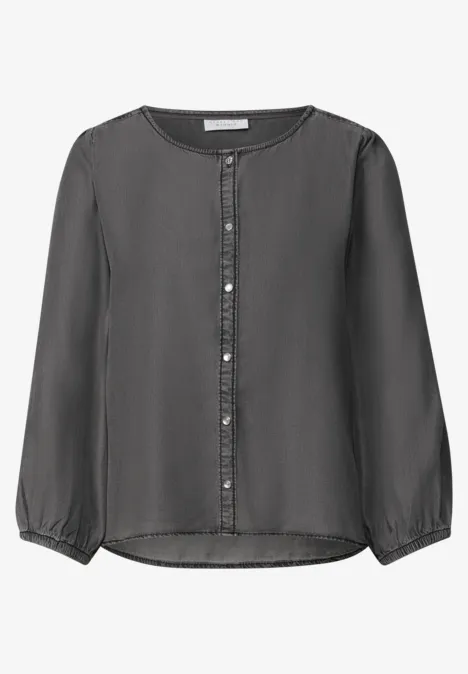 3/4-Arm Jeansbluse mit Rundhals tencel grey Graue, langärmlige Bluse mit Knopfleiste und Rundhals