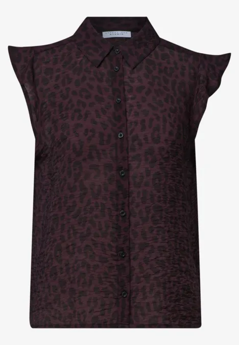 Ärmellose Damenbluse mit rot-schwarzem Leopardenmuster, Knopfleiste und kleinem Kragen.