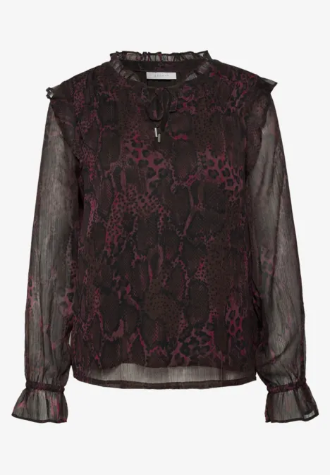 Langarm Tunika mit Rüschendetails russet red Damenbluse mit dunklem Schlangenprint, langem Ärmel und Rüschen am Kragen und Saum