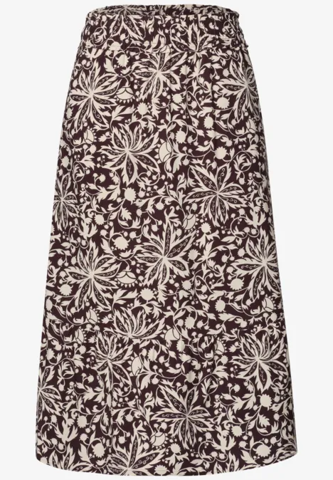 Midi-Rock mit Volants und Print very berry Midi-Rock mit bordeauxrotem Fond und cremeweißem Blumenmuster, hoher Bund, A-Linie, leicht fließend.