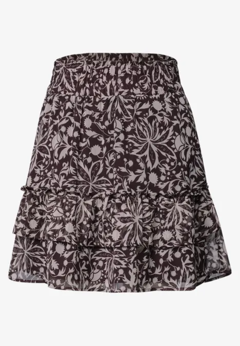 Knielange chiffonrok met volants very berry Korte zwarte rok met wit bloemenprint, hoge taille en gelaagde volant