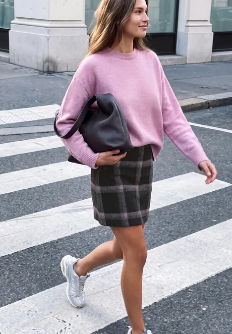 Frau in rosa Pullover, kariertem Minirock und weißen Sneakern trägt schwarze Tasche und überquert Straße.