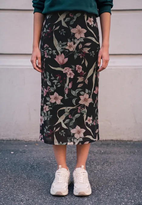 Eine Person trägt einen schwarzen, knöchellangen Rock mit rosa Blumenmuster und weiße Sneaker.