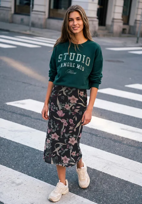 Junge Frau in grünem 'Studio Amour Moi'-Sweatshirt und floralem Midirock lächelt auf einem Zebrastreifen.