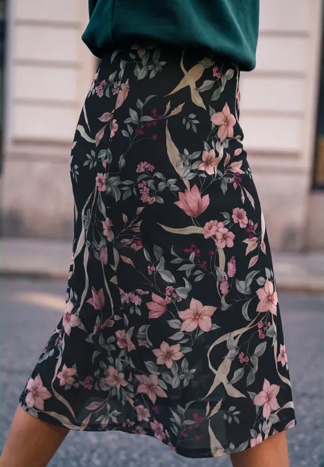Schwarzer Midirock mit rosa Blumenmuster