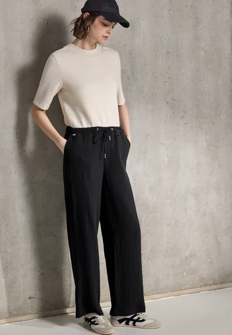 Musselin Wide Leg Hose Black