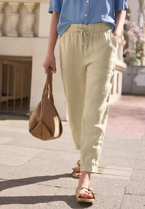 Slim Legs broek in een Loose Fit van linnen warm beige