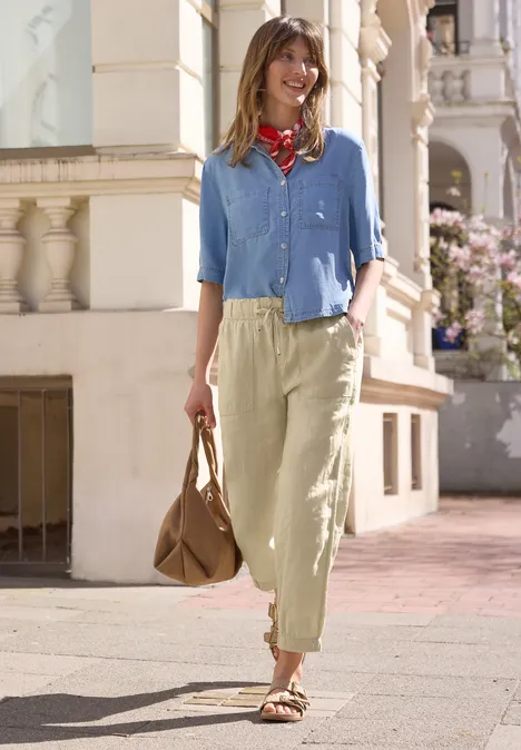 Slim Legs broek in een Loose Fit van linnen warm beige