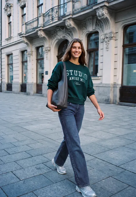 Mid Waist Wide Leg Jeans im Casual Fit dark blue soft washed Eine Frau spaziert lächelnd an historischem Gebäude vorbei.