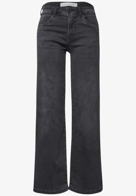 Mid Waist Wide Leg Jeans im Casual Fit soft black washed Schwarze Jeans mit weitem Bein, hoher Taille und geradem Schnitt.