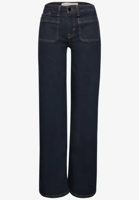 Mid Waist Wide Leg Jeans im Loose Fit rinsed blue washed Dunkelblaue Jeanshose mit weitem Bein, hoher Taille und aufgesetzten Taschen.