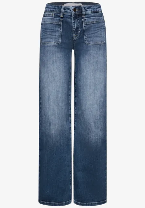 Mid Waist Wide Leg Jeans im Loose Fit mid blue heavy washed Blaue Jeanshose mit geradem Bein, hoher Taille und aufgesetzten Taschen.
