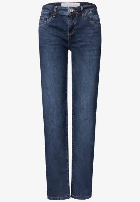 Mid Waist Straight Leg Jeans im Casual Fit dark blue random washed Dunkelblaue, gerade geschnittene Jeanshose mit Knopf- und Reißverschluss