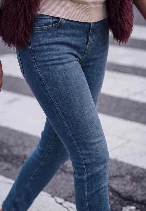 Mid Waist Slim Leg Jeans im Casual Fit medium blue washed Jemand in engen blauen Jeans überquert einen Zebrastreifen.
