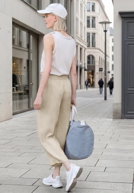 Vrouw met wit topje, beige broek en pet draagt een ronde grijze tas en loopt door een stadsstraat.