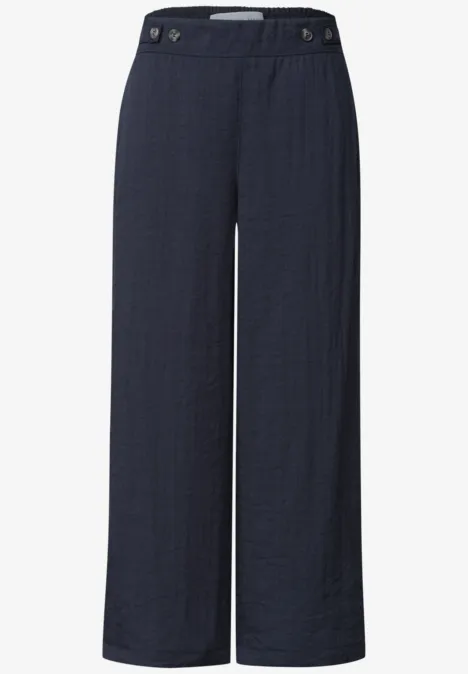 Mid Waist Wide Leg Hose im Leinen-Look maritime blue Marineblaue, weite Damenhose mit hohem Bund und Knopfdetail, gerade geschnitten.