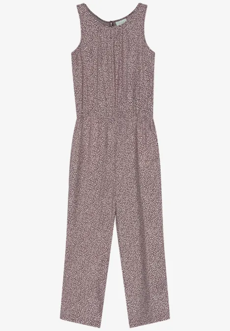 Ärmelloser Einteiler in lila mit feinem Blumenmuster, elastischer Taillenpartie und weitem Bein.