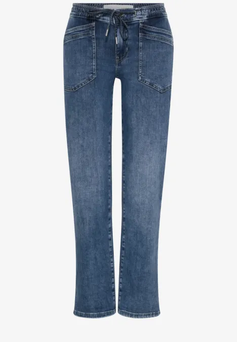 Damenjeans mit geradem Bein, hohem Bund, Kordelzug und aufgesetzten Taschen in klassischem Blau.