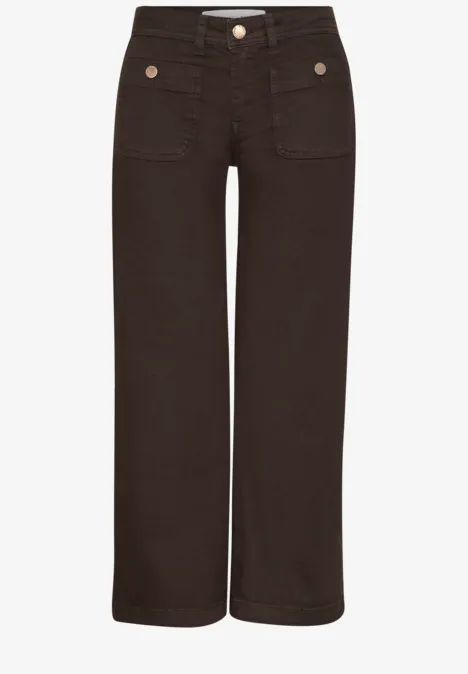 Donkerbruine wijde broek met hoge taille, rechte pijpen en grote opgestikte zakken.