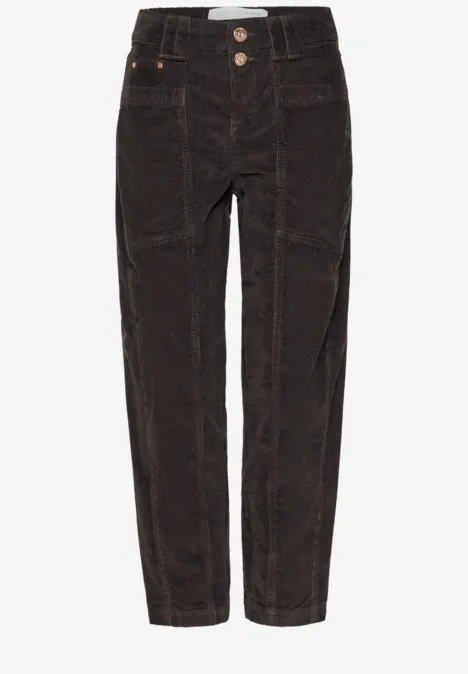 Dunkelbraune Cordhose mit hoher Taille, zwei Knöpfen und schmalem Bein.