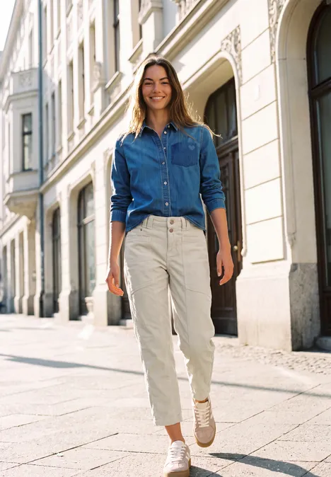 Une femme souriante en chemise en jean marche avec assurance dans une rue ensoleillée.