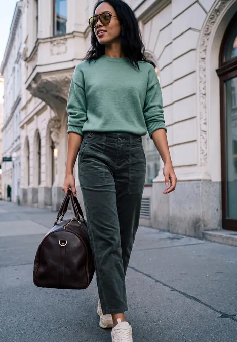 Frau in grünem Pullover, dunklen Hosen und Sonnenbrille trägt eine braune Tasche und spaziert durch die Stadt.