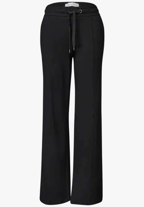 Mid Waist Broek met Wide Leg pijpen in casual pasvorm Black Zwarte, wijde sweatbroek met elastische tailleband en koord