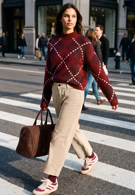 Mid Waist Wide Leg Broek – Casual Fit biscuit sand Eine Frau im roten Karopullover, hellen Hosen und Tasche überquert einen Zebrastreifen in der Stadt.