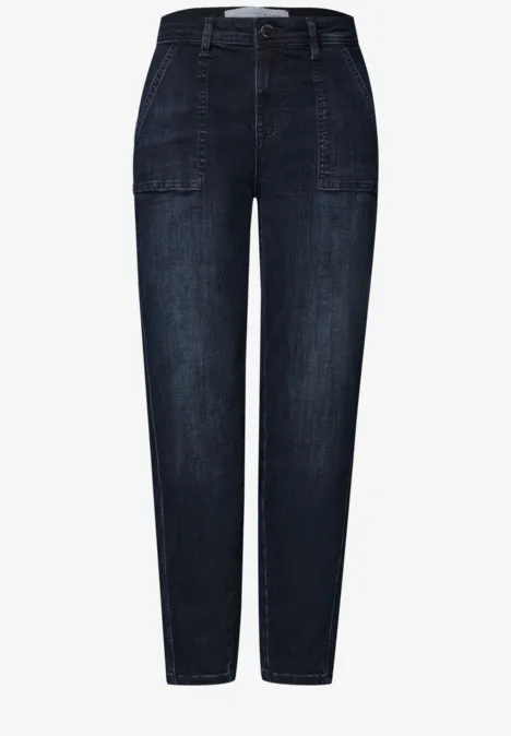 High Waist Barrel Leg Jeans w stylu Loose Fit blue black authentic wash Damskie dżinsy w ciemnym odcieniu niebieskiego, prosty krój, naszywane kieszenie