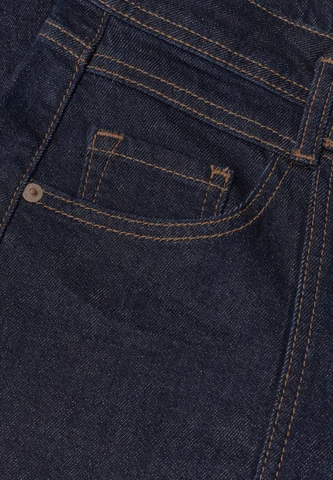 Relaxed Barrel Leg Leg Jeans im Loose Fit rinse washed Dunkelblaue Jeans mit sichtbaren gelben Nähten und Münztasche.