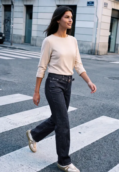 Femme en pull beige et jean sombre traverse un passage piéton en ville avec le sourire.