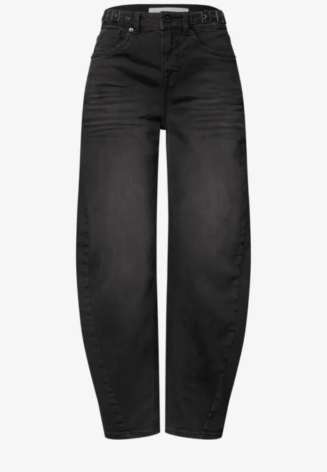 Jeans Relaxed Barrel Leg o kroju Loose Fit black washed Czarne jeansy z wysokim stanem, luźniejsze u góry i zwężane u dołu, z pięcioma kieszeniami