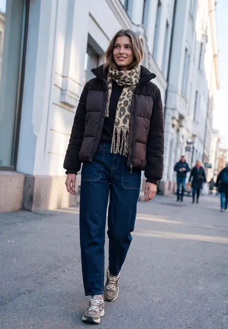 Person in Winterjacke, Schal, Jeans und Sneakers geht auf einer Straße in der Stadt.