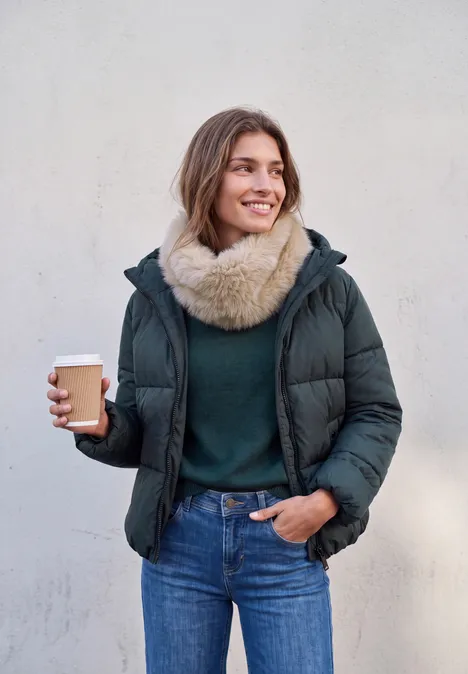 Eine lächelnde Frau in Winterjacke und Schal hält einen Coffee-to-go-Becher.