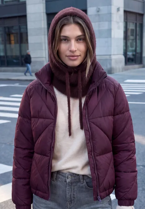 Frau in burgunderroter Kapuzen-Steppjacke, hellem Pullover und Jeans steht auf einem städtischen Zebrastreifen.