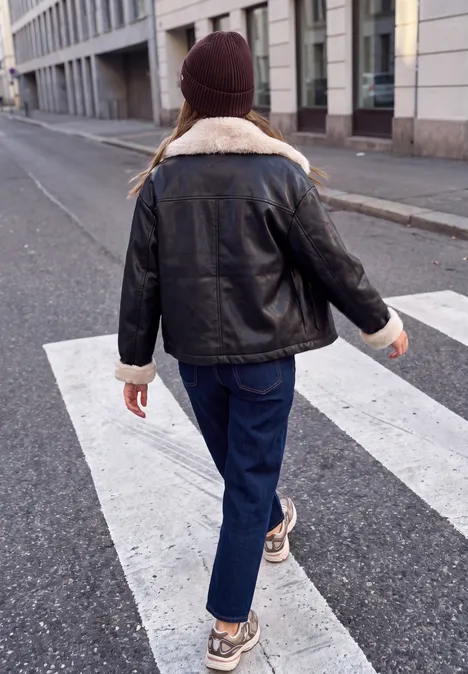 Strick-Beanie in Unifarbe russet red Eine Person mit Lederjacke, Jeans und Mütze überquert einen Zebrastreifen in der Stadt.