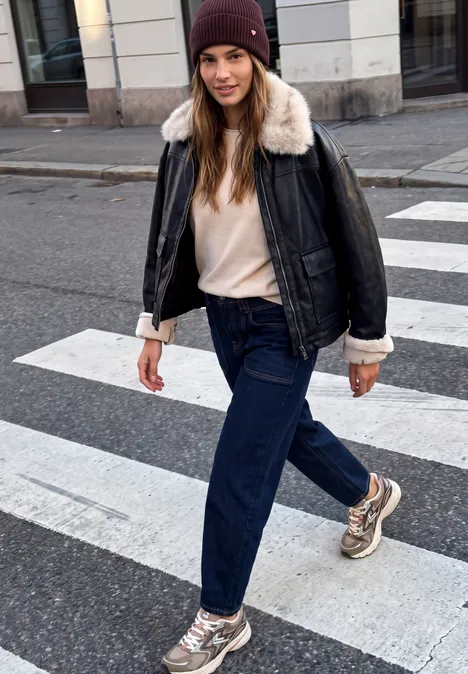 Strick-Beanie in Unifarbe russet red Eine junge Frau überquert eine Straße auf einem Zebrastreifen, trägt eine Lederjacke mit Fellkragen, Mütze und Sneaker.
