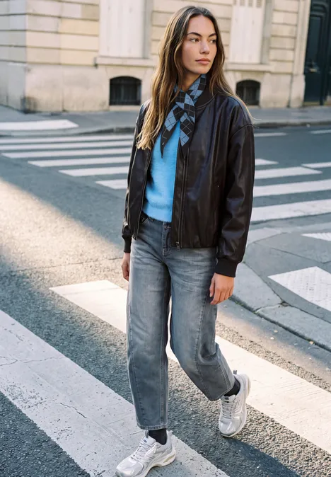 Foulard triangulaire à motif Argyle loom blue Eine junge Frau in Lederjacke, Jeans und Sneakers überquert die Straße an einem Zebrastreifen.