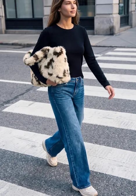 Sac cabas en fausse fourrure à motif vache smooth stone sand Frau mit schwarzem Pullover, weitem Jeans und Felltasche überquert Zebrastreifen in der Stadt.