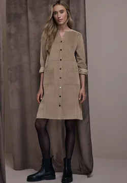 Robe Femme En Velours Côtelé - Couleur Unie, Manches 3/4, Col Fendu - Mi-longue Et Confortable