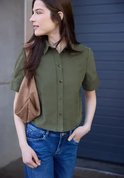 Chemise courte à carreaux strassée Bleu / Vert pour femme | Maje