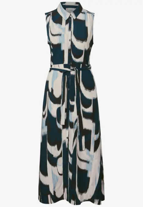 Ärmelloses Maxikleid mit abstraktem Muster und Gürtel.