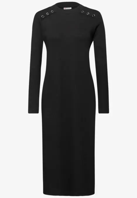 Schwarzes, langärmeliges Kleid mit Ösen an den Schultern.