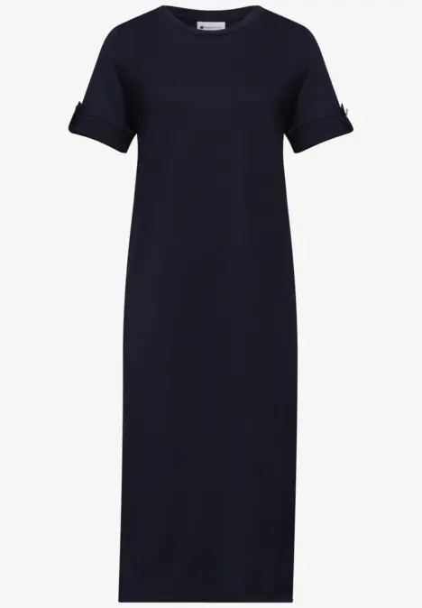Schlichtes dunkelblaues Midi-Shirtkleid mit Rundhalsausschnitt und kurzen aufgerollten Ärmeln.