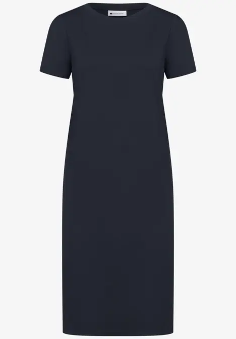 Schlichtes dunkelblaues Midikleid mit kurzen Ärmeln und rundem Ausschnitt.