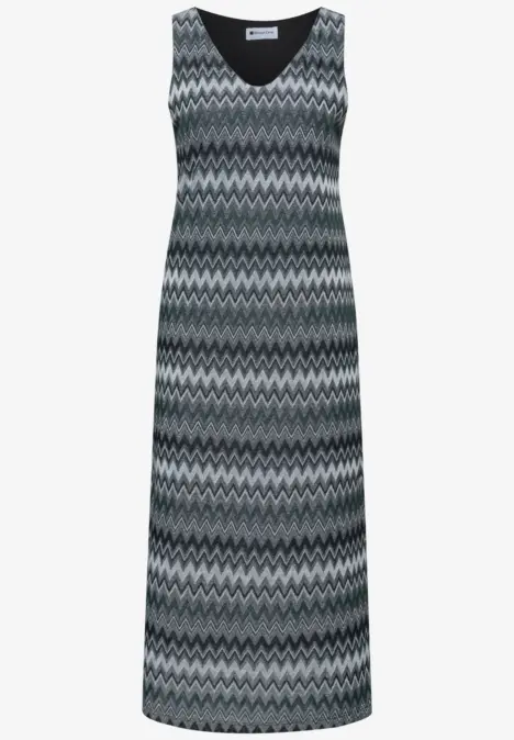Langes ärmelloses Maxikleid mit V-Ausschnitt und grau-schwarz-weißem Zickzackmuster.