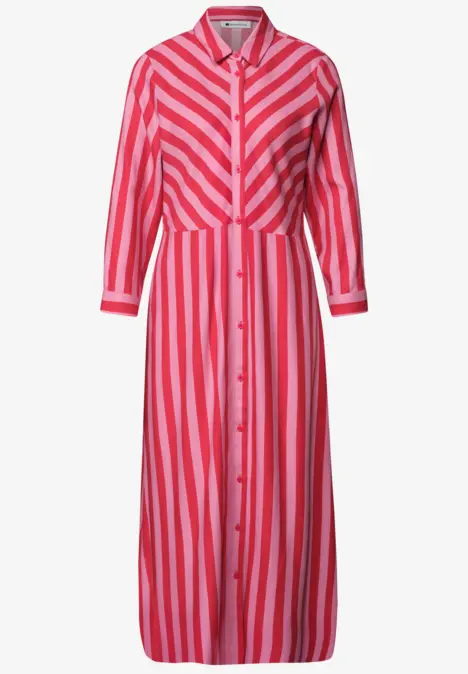 Robe midi à rayures rouges et roses, manches 3/4, col chemise, boutons devant et ceinture.