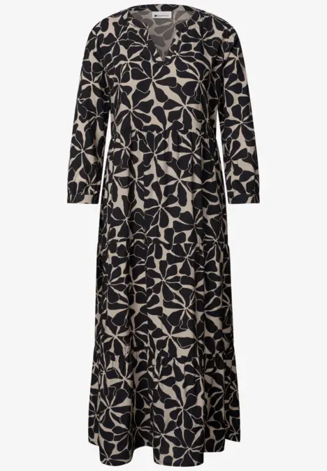 Langärmeliges Maxikleid in Schwarz mit beigem Blattmuster