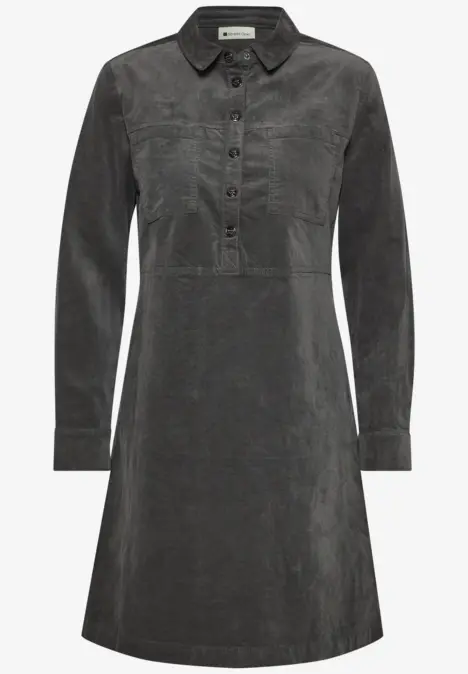 Robe chemise en velours côtelé gris foncé, col boutonné et manches longues, jupe légèrement évasée.