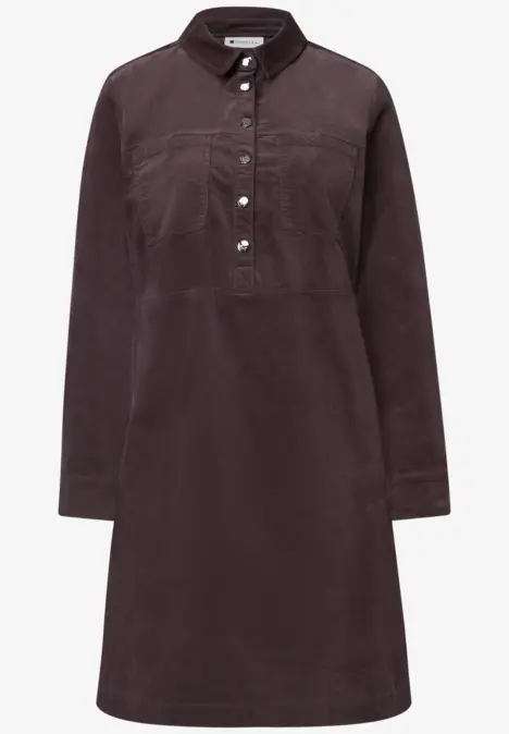 Lässiges Midikleid aus Cord in Dunkelviolett, mit Stehkragen, Knopfleiste und langen Ärmeln.